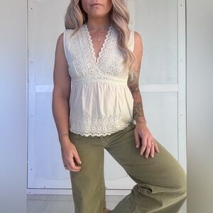 Cream Cotton Eyelet Trimmed Top